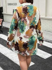 EMERY ROSE Farbblockkleid in Große Größen mit aufgeblähten Schultern, Langarm, geraffter Taille, Knopfleiste und Rüschensaum