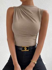 SHEIN PETITE 女款休閒日常通勤極簡純色百褶高領修身背心，夏季，小個女款 - 卡其色 - 查看 5