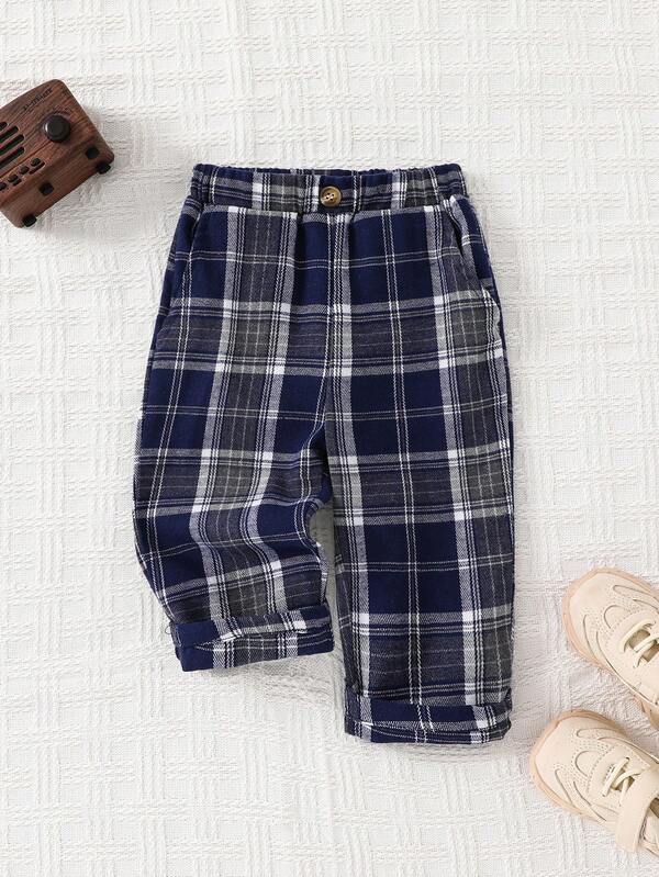 Cozy Pixies Baby Boy Elastic Waist Brown Plaid Pants, Versatile & Comfortable