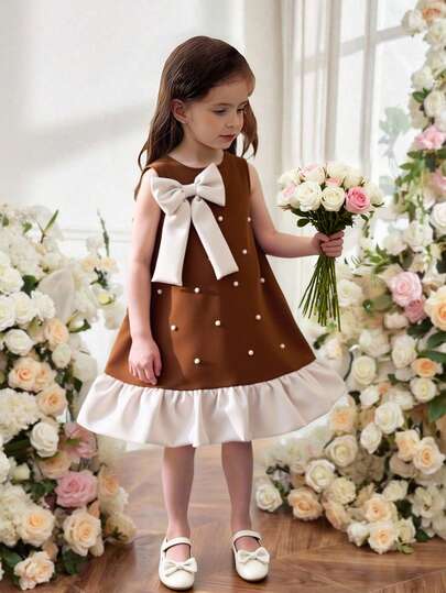 SHEIN Elladie kids Vestido elegante de princesa de estilo francés para niña, con volantes, línea A, sin mangas, con lazo de perlas, para el verano