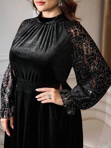 Modelyn Elegant Velvet Contrast Lace Beaded Long Sleeve A-Line Plus Size Dress, Regular Fit For Spring & Autumn