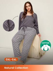 LUVLETTE Autumn And Winter Women Plus Purple Soft Cotton Basic Long T-Shirt & Patterned Pants Loungewear Pajama Set For Women Pants With Pockets Lingerie As Outerwear Lounge Sets Fall Pajamas - Black and White - View 1