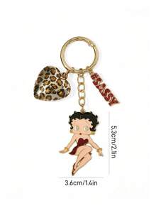 Betty Boop x SHEIN 锌合金女士钥匙扣包包挂件豹纹立体爱心吊坠闪粉，适合挂在包包和钥匙上，礼品收藏纪念，送礼佳品，派对，节日，情人节 - 彩色 - 查看 6