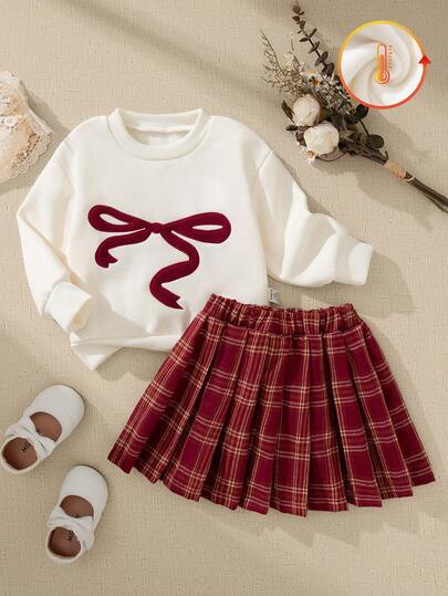 Souflis Souflis French Retro Autumn/Winter New Beige Long Sleeve Bow Decor Top Paired With Red Plaid Skirt, Suitable For Outings, School, Play And Various Occasions, Baby/Toddler Girl 2-Piece Set