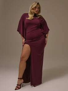 MUSERA Đầm maxi dài dáng cánh dơi, tay ngắn, cổ cao, bất đối xứng, thích hợp cho tiệc thu, dáng ôm. - Màu tím - Xem 1