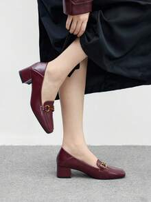 CUCCOO BIZCHIC Women's Classic Black Patent Leather T-Strap Low Heel Pumps For Christmas - Burgundy - View 3
