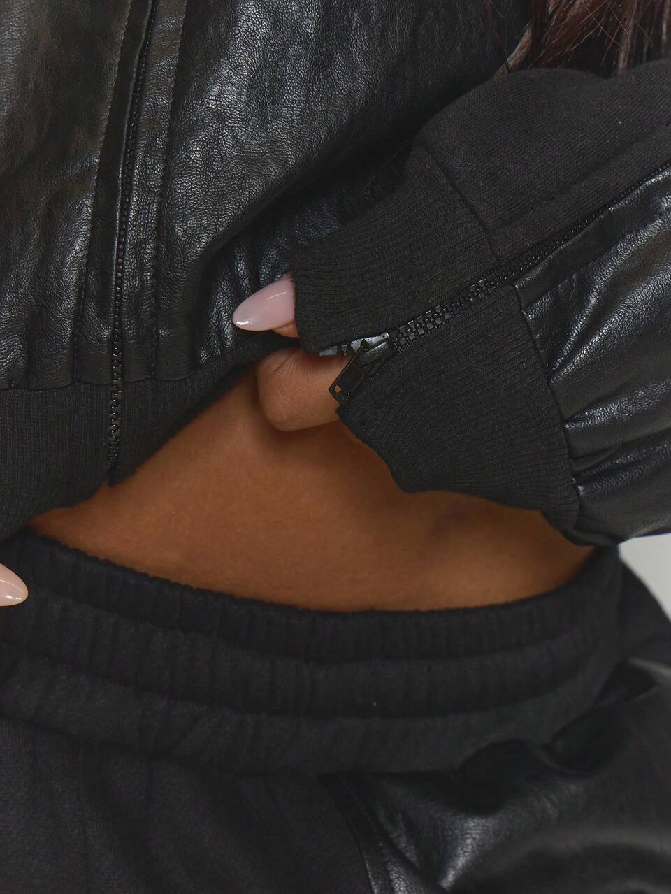 Zip Through Faux Leather Hooded Bomber Jacket Only Winter Streetwear Cool Night Out Everyday Sexy Spring