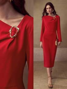 MOTF PREMIUM METAL DECOR STRUCTURAL WAIST-CINCHED MID-LENGTH DRESS - Red - View 7