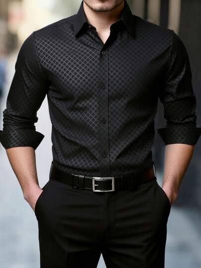 Manfinity Mode Men's Business Commute Diamond Pattern Long Sleeve Shirt