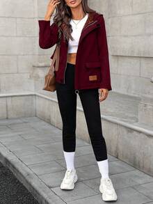 SHEIN LUNE 女士纯色保暖连帽衫，带口袋，常规版型，休闲日常外套，秋冬款 - 紅色 - 查看 5