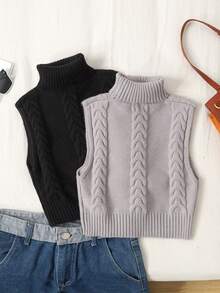 SHEIN Áo len cổ lọ xoắn không tay dệt kim 2 chiếc cho bé gái tuổi teen, màu trắng trơn và nâu cà phê - màu đen - Xem 2