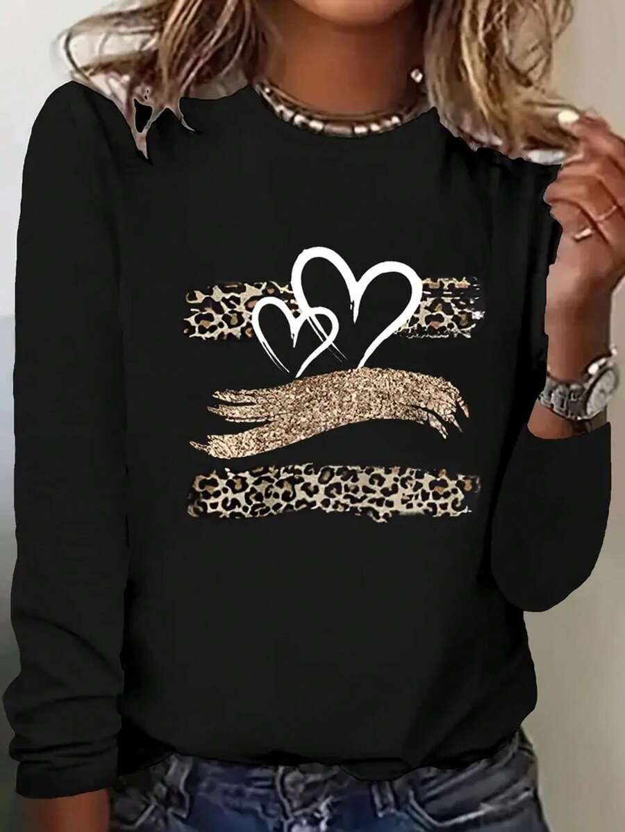 Playera camiseta gráfica dama mujer manga larga cuello redondo básica cómoda fresca ligera moderna juvenil casual urbana suave frío estampado líneas rayas random animal print corazón corazones leopardo cheetah - Negro - Ver 1