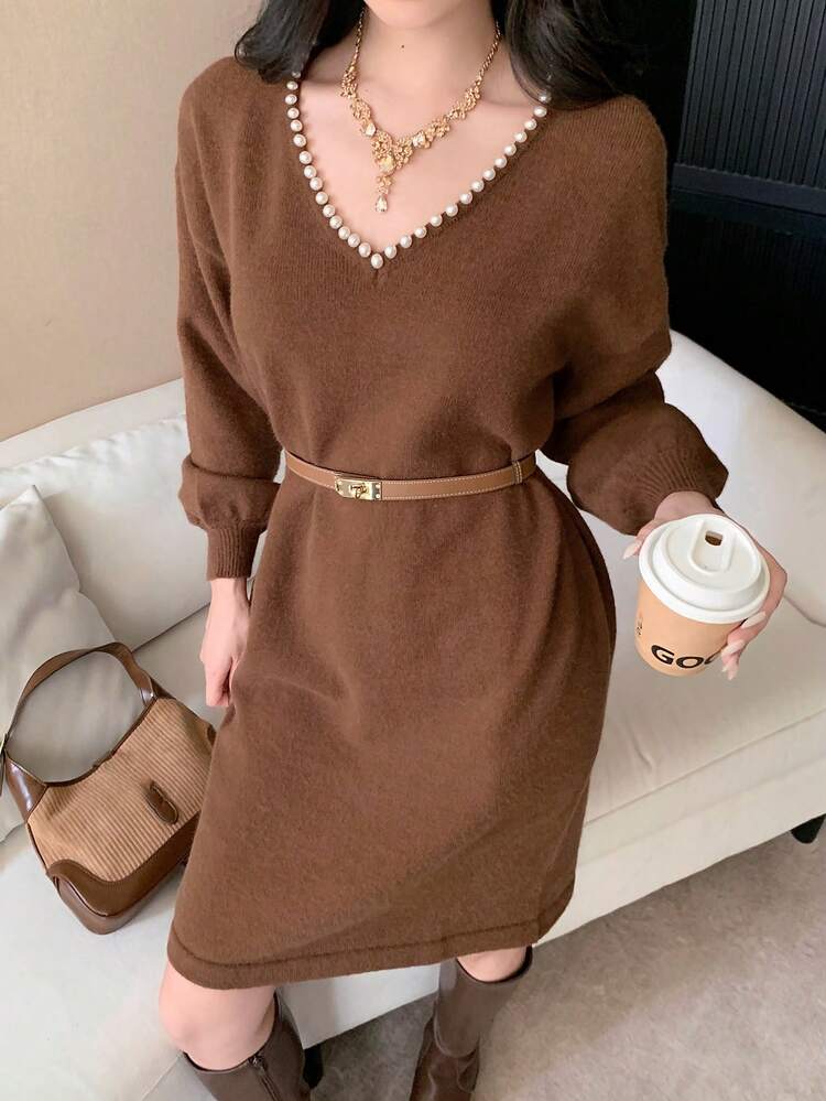 Pearl Decor V-Neck Loose Lantern Sleeve Mid-Length Casual Elegant Autumn/Winter Women Sweater Dress