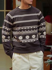 DAZY Men's Vintage Jacquard Pattern Crew Neck Sweater, Autumn/Winter,New Year,Christmas - Brown - View 3