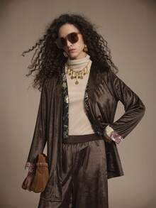 Chiquease 2pcs Women Casual Brown Patchwork Sleeve Jacket And Pants Set, Autumn Party Season - Brown - View 4