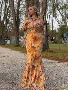 Jeta Ari Áo xoắn họa tiết da báo màu nâu cho nữ, váy dài tay và đuôi cá - Nhiều màu - Xem 5