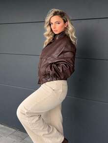 Jeta Ari Women's Solid Color Long Sleeve Zip-Up Casual Loose PU Leather Jacket, Autumn,Women's Leather Jacket,Women's Winter Jacket,Chic Women's Jacket,Cropped Jacket,Brown Jacket - Coffee Brown - View 6