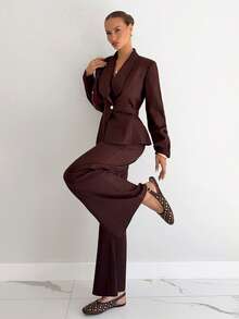 Siren Gaze Women's Solid Color Shawl Collar Long Sleeve Jacket And Wide Leg Pants Casual Suit Set Brown - Rust Brown - View 4