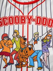 SCOOBY-DOO X SHEIN Young Boy Cartoon Pattern Patchwork Striped Crew Neck Long Sleeve Knit Casual T-Shirt Kids Baseball Clothes - Red - View 5