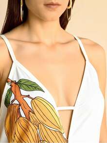 CAJUNI 女士杏色底椰子树和巨嘴鸟印花V领无袖休闲连体裤，夏季海滩度假 - 彩色 - 查看 5