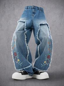 Manfinity Denimwave 男士休闲街头水洗蓝色直筒宽松印花牛仔裤，秋冬宽松阔腿毛边印花蓝色街头休闲做旧牛仔裤，适合Y2K和圣诞节穿着。 - 藍色 - 查看 2