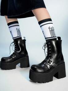 Sugerpunk Gothic Punk Style Platform Ankle Boots For Women, Round Toe Thick Heel Ankle Boots With Metal Rivet Buckle Strap Decor, Comfortable Back Zipper Lace-Up Chunky Heel Booties For Party - Black - View 1