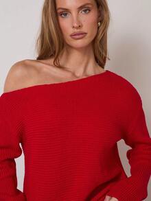 COSMINA Christmas Sweater Women's Solid Color Oblique Shoulder Long Sleeve Casual Red Sweater, Autumn/Winter New Near 2026 Red Off Shoulder Top, Off Shoulder Sweater - Red - View 7