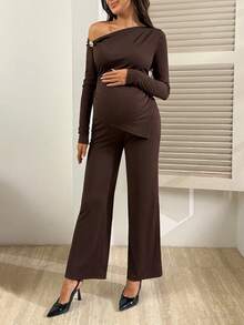 SHEIN 2pcs Maternity Casual Oblique Shoulder Top & Pants Set - Brown - View 3