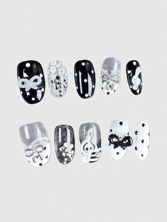 Kawaii Punte di unghie finte in stile ballerina con bordo in pizzo, fiocco romantico a forma di cuore, ali bianche in metallo e nota musicale rosa, prodotte in serie per un look energico da ragazza, adatte per uscite quotidiane e appuntamenti