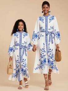 Travachic KIDS Tween Girl Cute & Elegant Blue & White Floral Print Long Sleeve Dress - Multicolor - View 5
