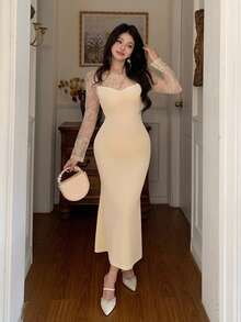 DAZY Vestido de media longitud con forro térmico, encaje y parches, estilo de cola de pez para mujer en otoño - Beis - Ver 4