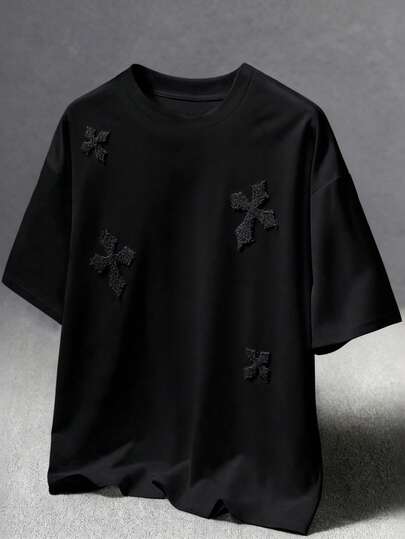 Coolqubz Teenage Boys' Cross 3D Embroidery Round Neck Short Sleeve Gothic Street T-Shirt
