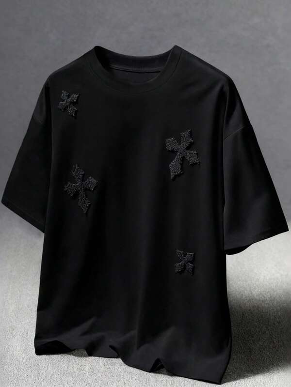 Coolqubz Teenage Boys' Cross 3D Embroidery Round Neck Short Sleeve Gothic Street T-Shirt