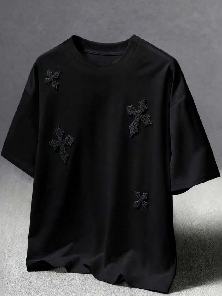 Coolqubz Tienerjongens T-shirt met ronde hals en korte mouwen en kruis 3D-borduursel in gothic-stijl - Zwart - Bekijken 1