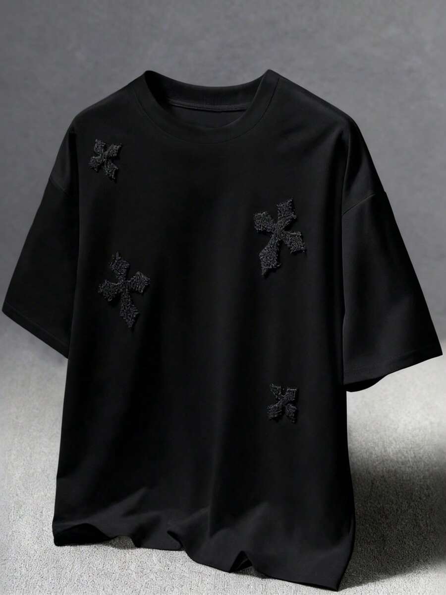 Coolqubz Teenage Boys' Cross 3D Embroidery Round Neck Short Sleeve Gothic Street T-Shirt