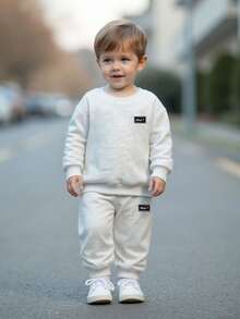 SHEIN 2件套婴儿男女童休闲运动灰色字母印花长袖连帽衫和运动裤套装，秋冬季