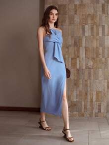 MOTF PREMIUM 纯色大蝴蝶结前开衩大腿抹胸连衣裙 - 藍色 - 查看 2