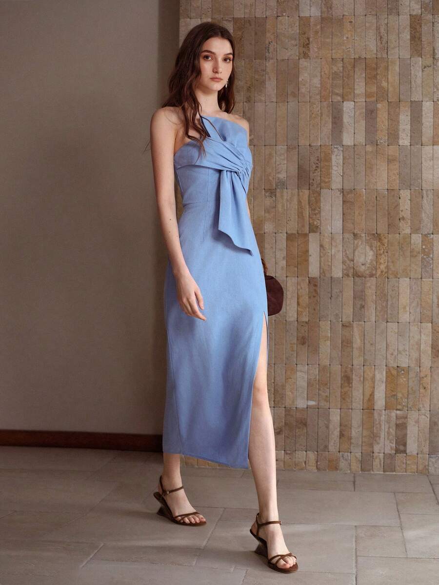 MOTF PREMIUM 纯色大蝴蝶结前开衩大腿抹胸连衣裙