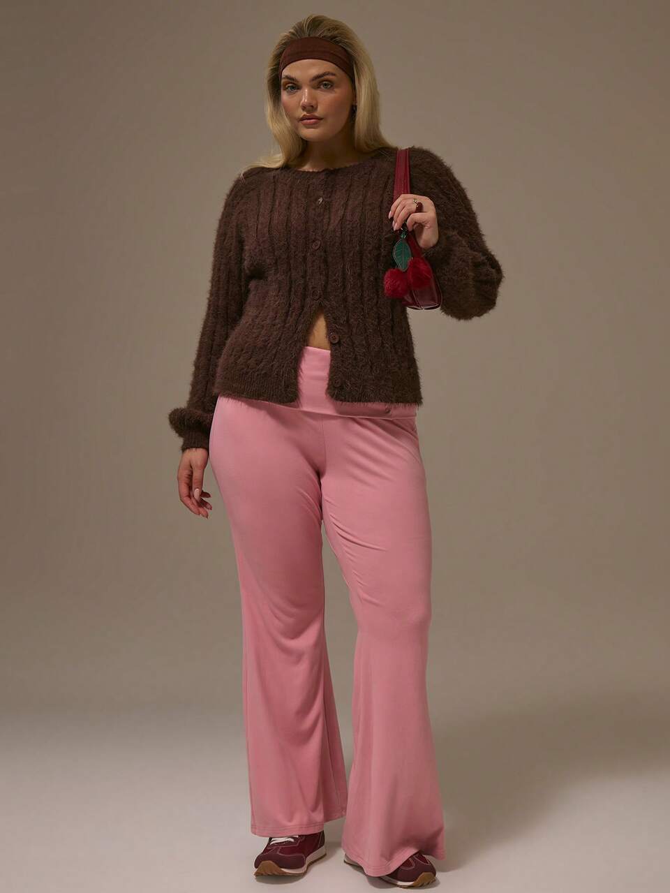 Cardigan de Tricô Texturizado Fofo com Botões, Estilo Plus, Fofo e Aconchegante para Outono, Festivo para Feriados, Cereja Laquer