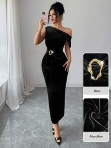 Modelyn 性感金属扣装饰无袖褶皱修身天鹅绒长款女式派对连衣裙 - 黑色 - 查看 3