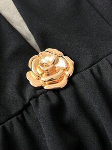 Viva Relle V领玫瑰泡泡袖腰带A字黑色连衣裙，精致优雅的法式奢华网纱拼接，适合工作、派对等多种场合，优雅大码女装 - 黑色 - 查看 7