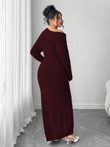 Elenzga 女士加大码宽松针织毛衣连衣裙，露肩设计，休闲外套，大码，秋冬款 - 酒紅色 - 查看 2