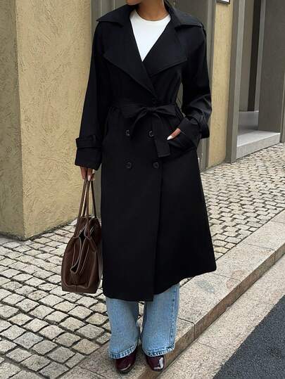 SHEIN Unity Casual Solid Color Double-Breasted PU Trench Coat, Autumn Fall Winter Cloth For Women