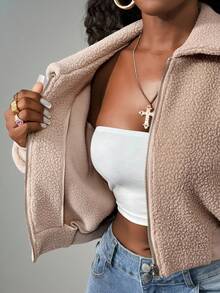 BamGleam Hanorac din fleece pentru femei, culoare uni, cu mânecă lungă și guler cu fermoar, toamnă/iarnă - Kaki - Vizualizare 6