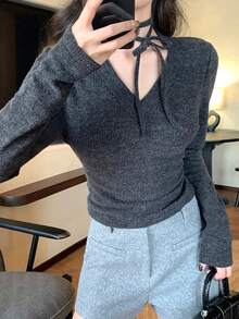 DAZY Women's Elegant V-Neck Tie-Up Casual Puff Sleeve T-Shirt