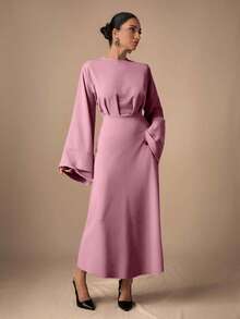 EURMUSE Women's Solid Color Round Neck Pleated Elegant Long Sleeve Dress - Baby Pink - View 6