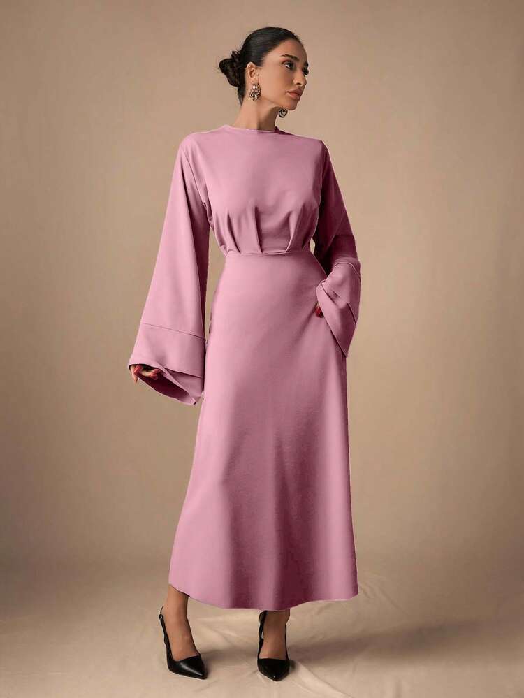 EURMUSE Women's Solid Color Round Neck Pleated Elegant Long Sleeve Dress - Baby Pink - View 6