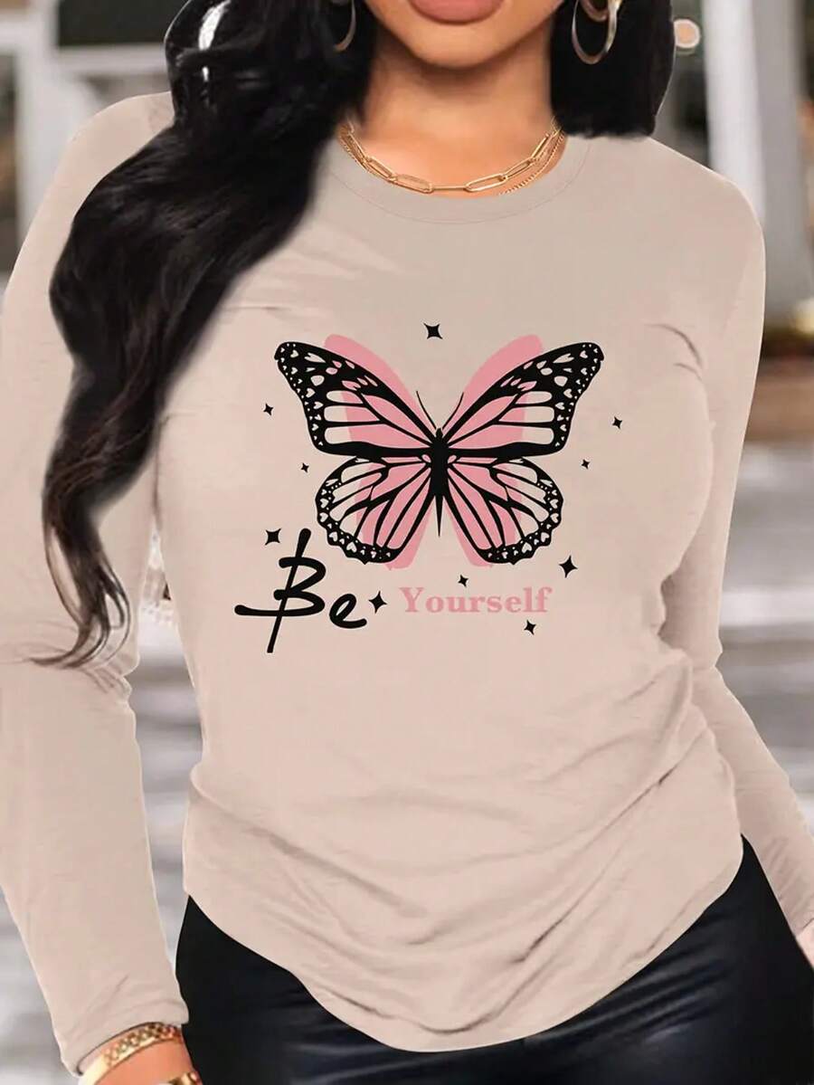 Playera camiseta gráfica dama mujer manga larga cuello redondo básica cómoda fresca ligera moderna juvenil casual urbana suave frío estampado letras frase mariposa - Beis - Ver 1