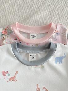 SHEIN Vintaside Kids 4件套女童可爱天鹅花卉印花撞色长袖上衣和打底裤睡衣套装 - 彩色 - 查看 3