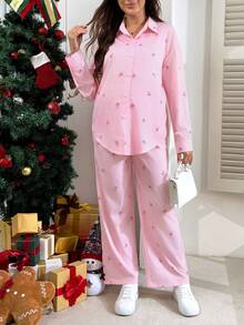 SHEIN 2 piezas Conjunto de maternidad informal con estampado de mariposa, rosa - Rosa - Ver 5